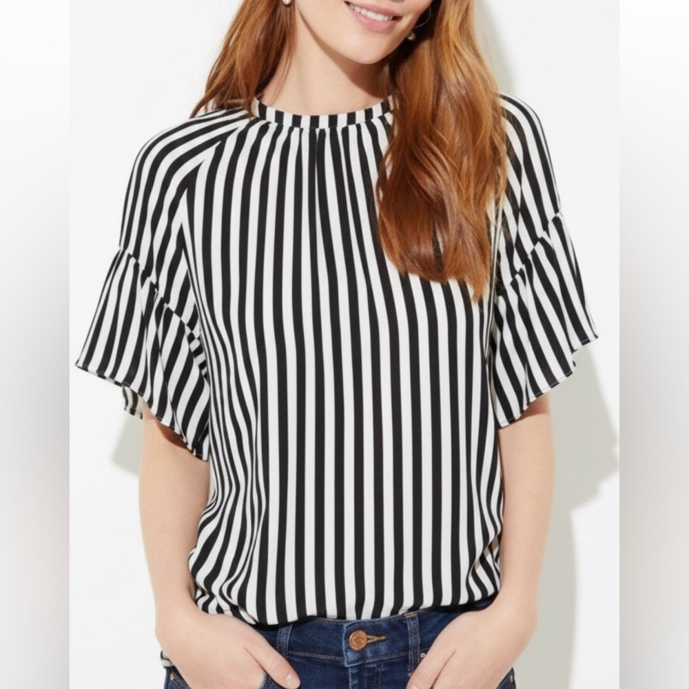 LOFT Black and White Chiffon Striped Women's Top Bow Tie Back Small